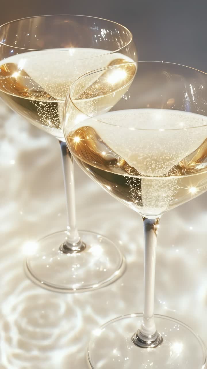 Elegante ripresa video ravvicinata di due flute di champagne con riflessi scintillanti