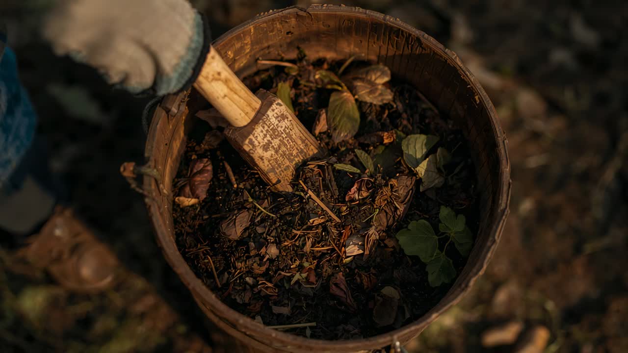 Pressing trowel, scooping gloved hand digging and turning soil in wooden bucket, showing seedlings
