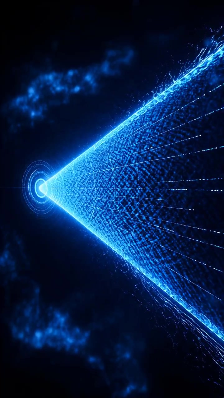 Raggio blu elettrico proiettato da un'origine circolare luminosa a sinistra, che forma una cupola semitrasparente riempita di punti luminosi, linee a griglia e strisce verso l'esterno, creando uno spazio digitale futuristico.