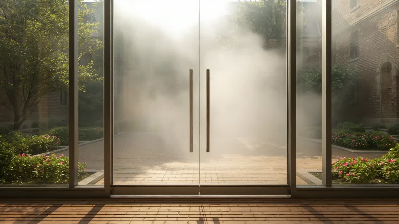 Rolling haze advancing through glass double doors into brick courtyard, obscuring pathways