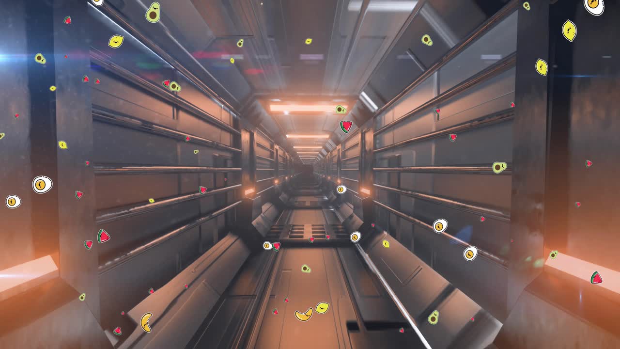 Animation of fruits falling over moving industrial tunnel