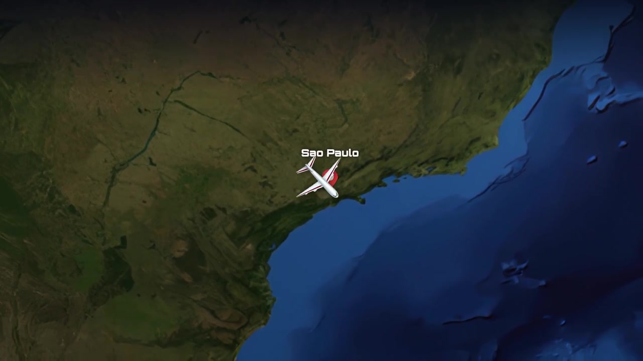 A digital animation tracks a commercial airplane flying from Seattle across continents to Sao Paulo