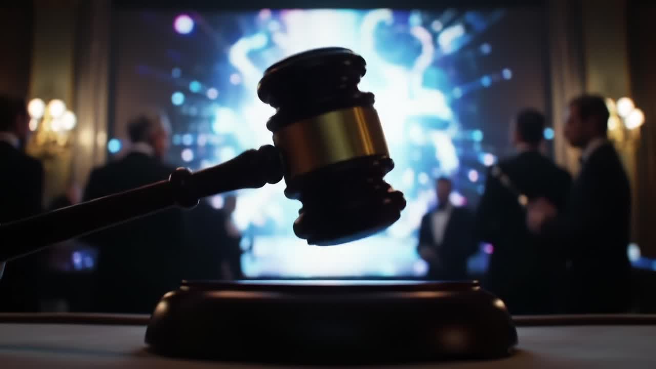 A Captivating Moment of Authority: The Gavel Strikes in Front of an Enigmatic Background During a Significant Gathering of Influential Figures