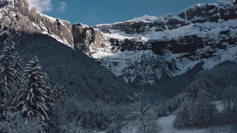 Eine-Luftaufnahme-Des-Cirque-Du-Fer-à-Cheval,-Während-Er-Während-Eines-Kalten-Winters-Mit-Schnee-Bedeckt-Ist-Und-An-Einer-Schneebedeckten-Kiefer-Vorbeifliegt,-Um-Die-Epische-Wand-Des-Zirkus-Zu-Enthüllen,-Die-Mit-Schnee-Bedeckt-Ist-Und-In-Der-Sonne-Liegt