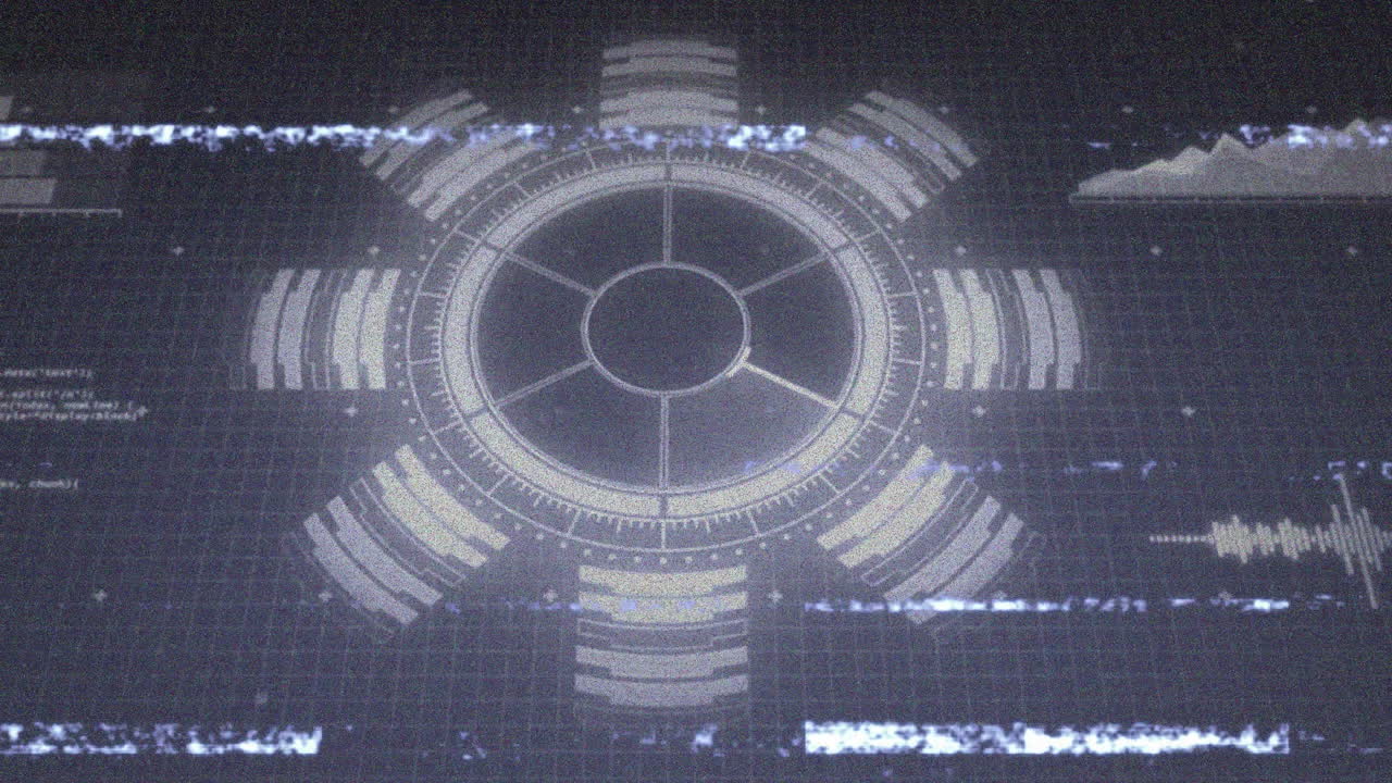 Displaying futuristic animation, digital interface with circular data and fluctuating graphs