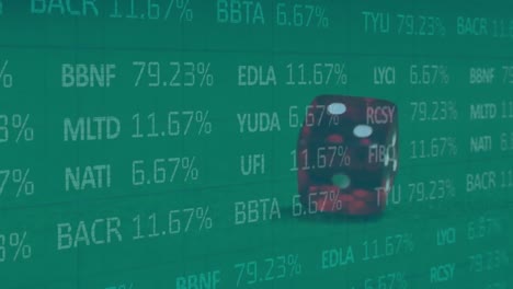 Animation-Der-Finanzdatenverarbeitung-über-Zwei-Würfel,-Die-Auf-Grünen-Hintergrund-Fallen