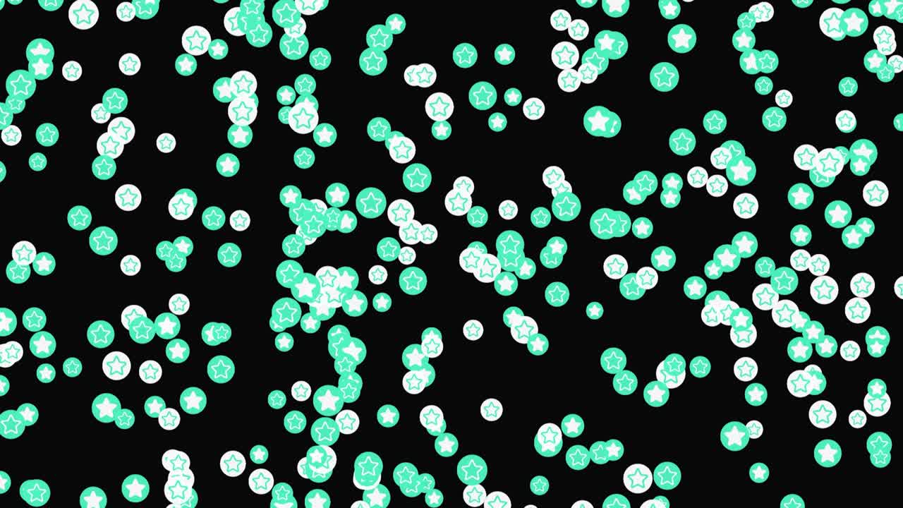 Flying up balls with stars. Animation. Rising up colored balls with star pattern on black background. Moving up dots with sign of stars