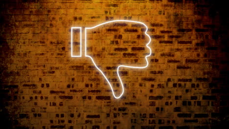 animación del icono del pulgar hacia abajo de neón brillante en la pared de ladrillo