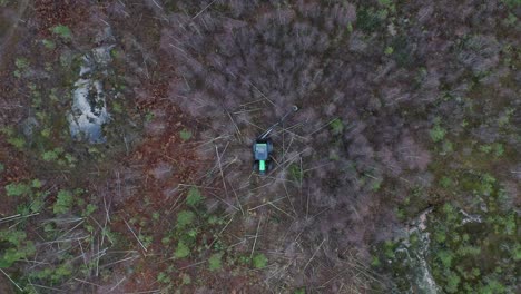 vista aérea del tractor verde cortando árboles en el bosque