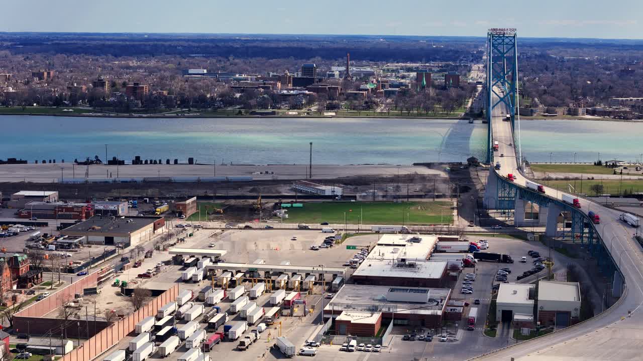 Wide View of Ambassador Bridge Over Detroit River Connecting USA and Canada and Detroit customs plaza