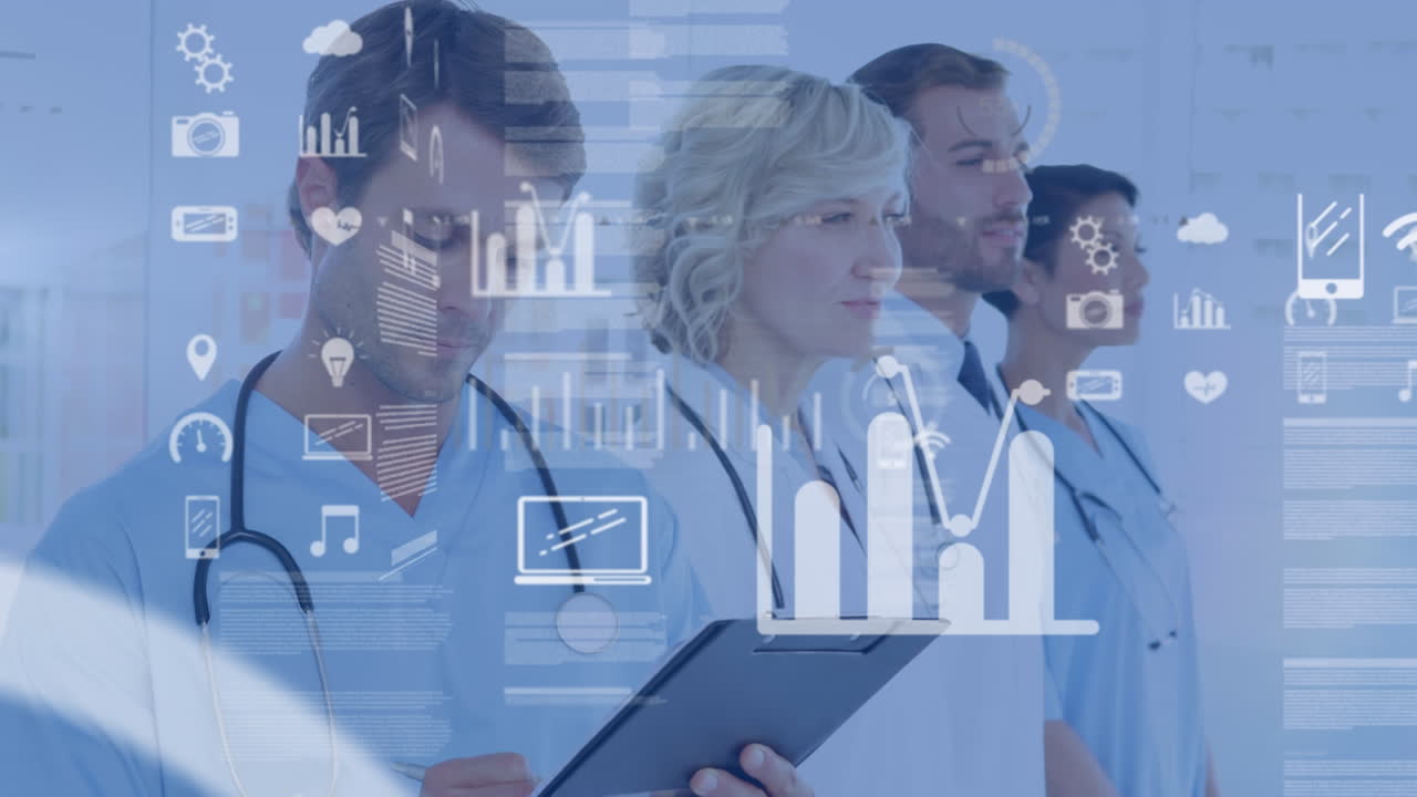 animación del procesamiento de datos e iconos sobre diversos médicos