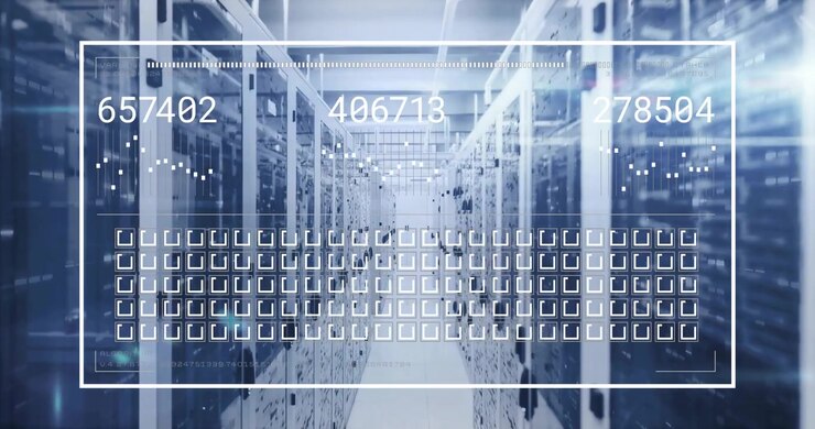 Data overlay appearing over server racks, numbers updating and graphs animating to show refresh