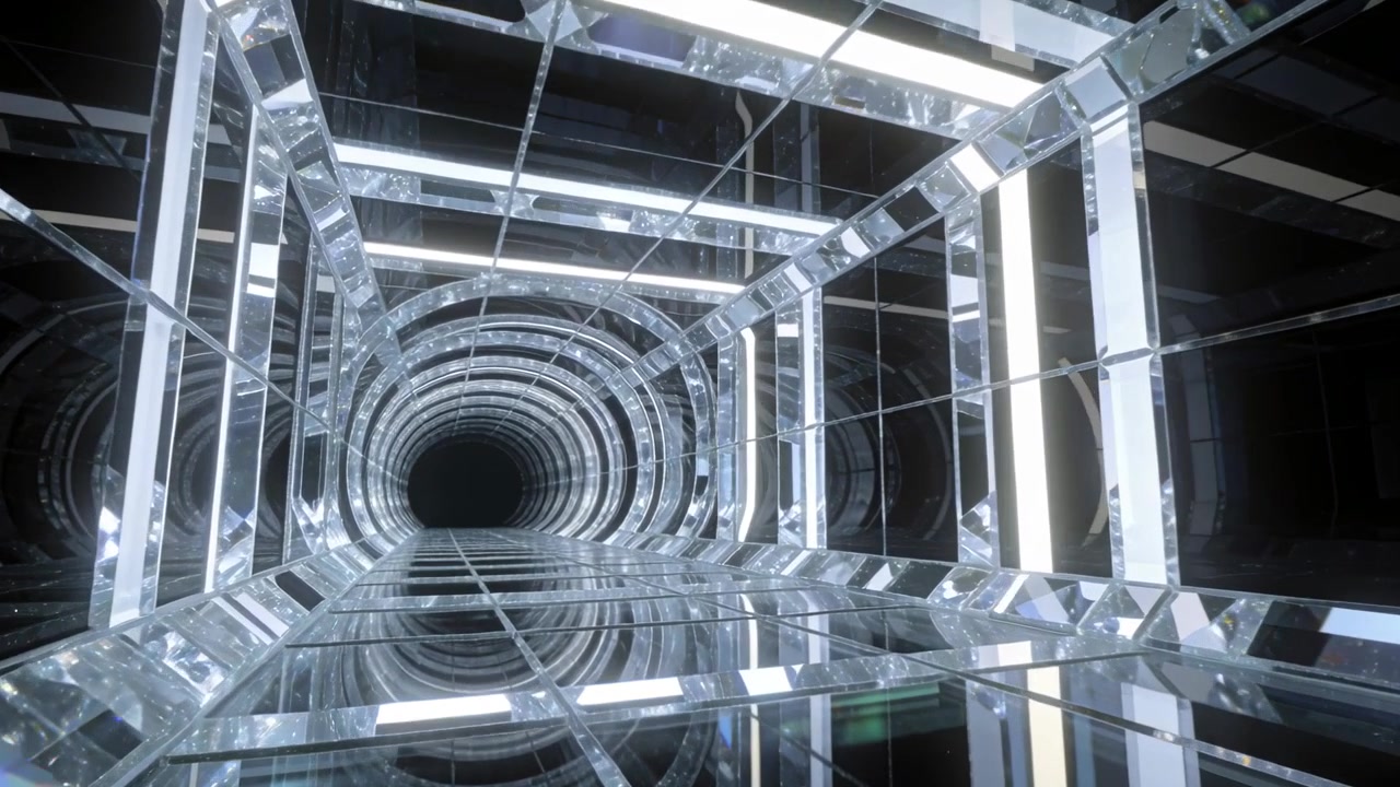 Advancing camera revealing glass frames in mirrored shaft, forming nested rings and showing depth