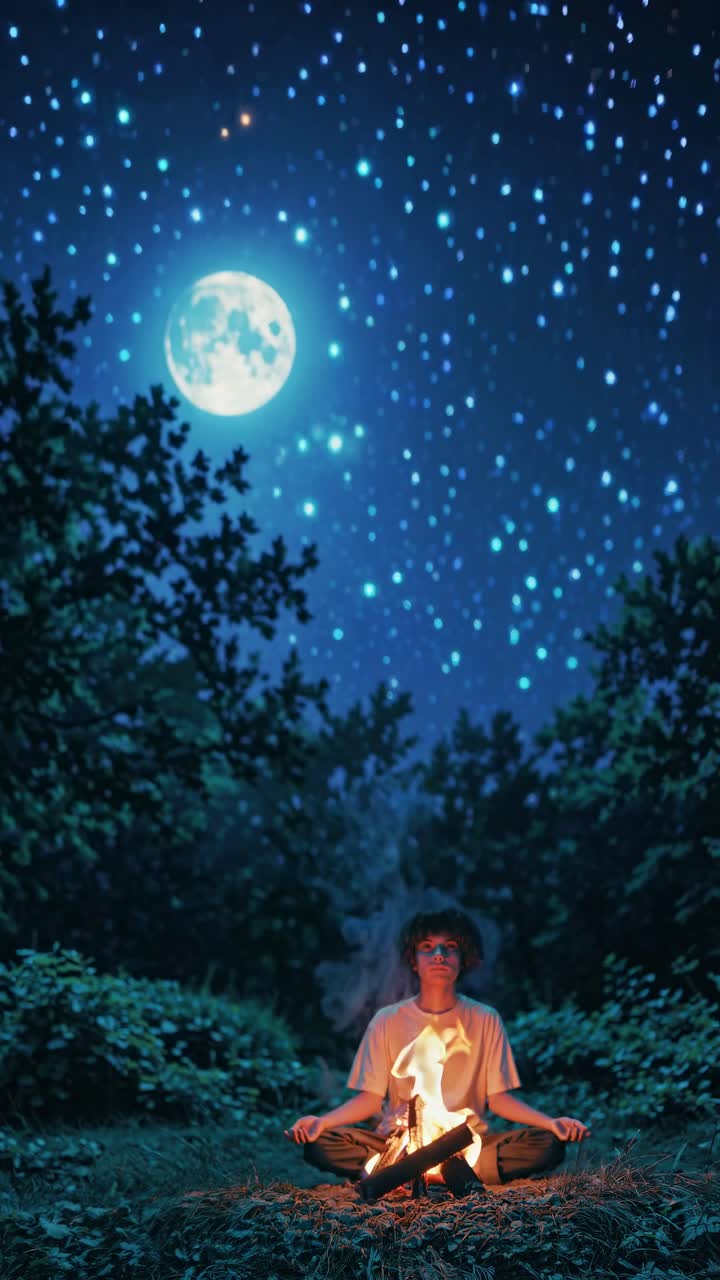 A serene night scene with a person meditating by a campfire under a starry sky