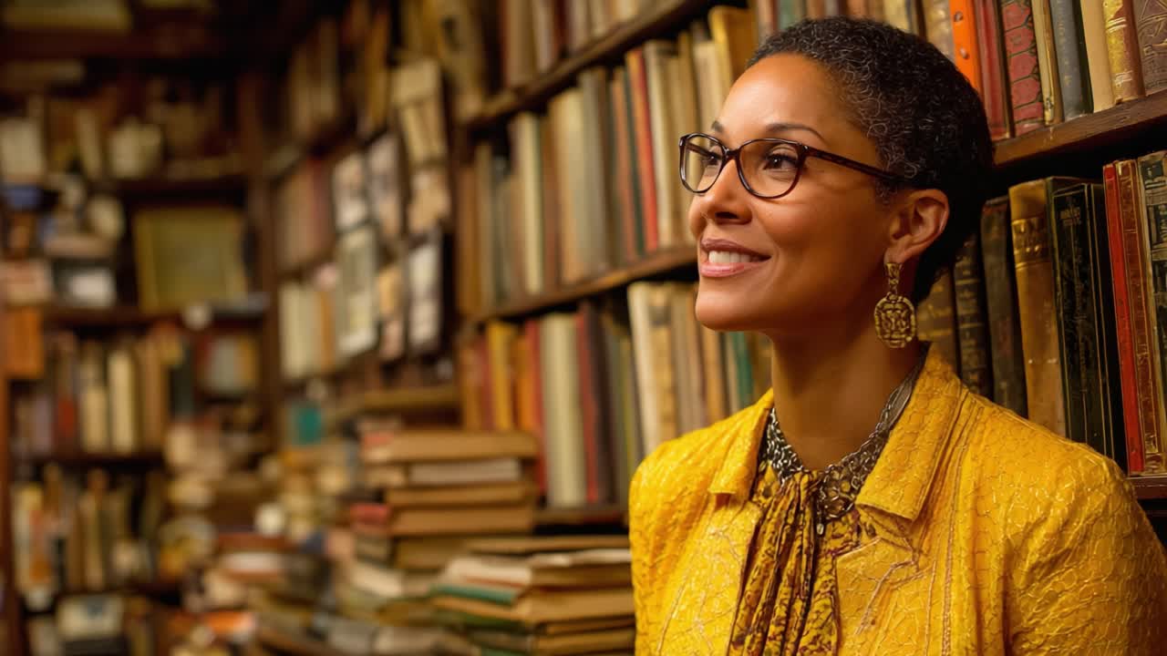 A Thoughtful Woman in a Cozy Library Surrounded by Books and Knowledge, Showcasing Her Joy and Curiosity Within the Literary Embrace of the Shelves