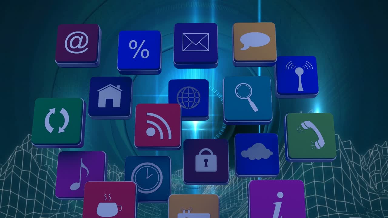 Animation of technology icons over metaverse landscape