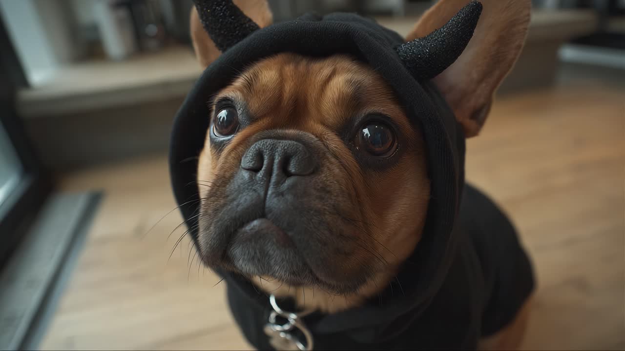 Adorable French Bulldog Dressed as a Mischievous Little Devil with Horns, Showcasing Cute Expressions and Stylish Hoodie in a Cozy Indoor Setting