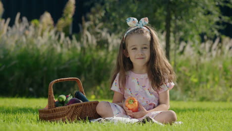 happy child is sitting on the lawn near a basket of vegetables. picnic concept