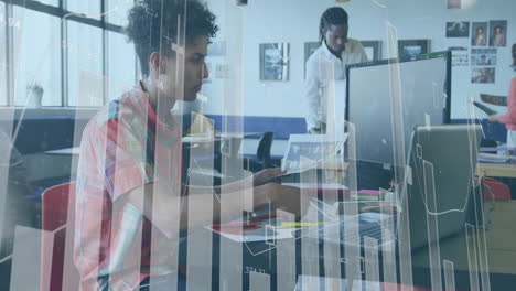 Animation of financial data processing over diverse business people in office
