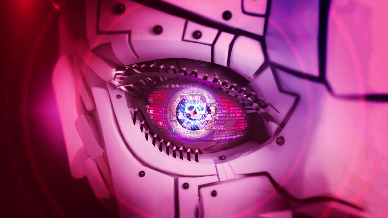 Robot head glowing red eyes hacking hacker background secure surveillance digital eye in binary code