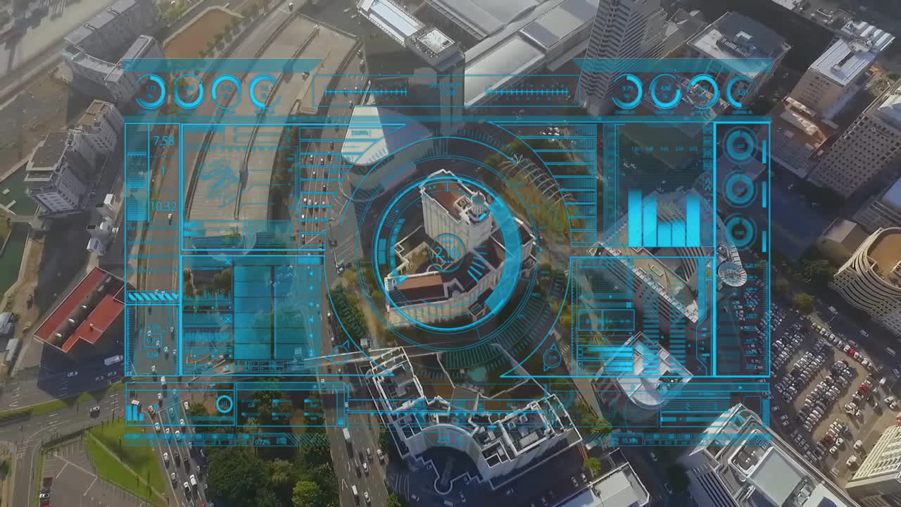 Futuristic data analysis animation over aerial view of urban cityscape