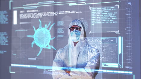 Animation of male scientist behind digital screen with covid 19 cell and medical data