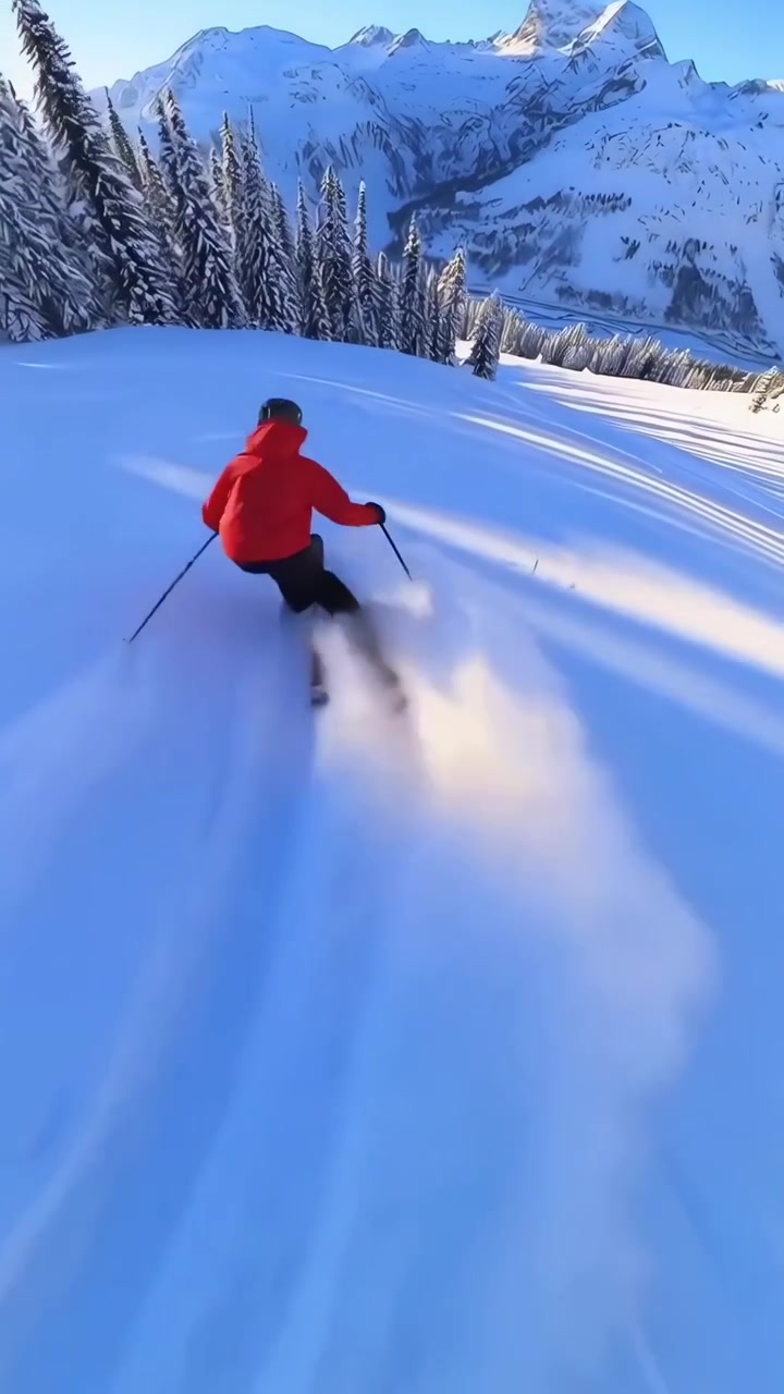 Sciatore che scolpisce curve su un pendio montano innevato sotto un cielo azzurro e limpido
