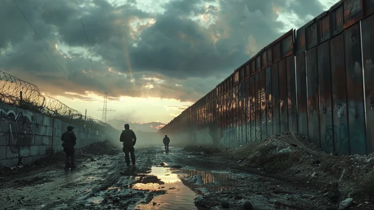 A border wall at sunset with men patrolling