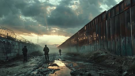 a border wall at sunset with men patrolling
