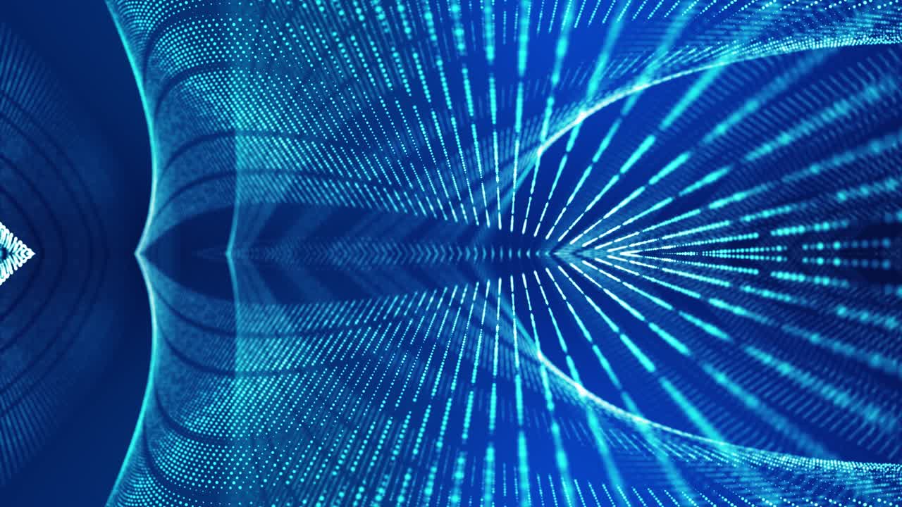 Sci-fi background with waves of particles . 4k loop abstract blue background of glow particles form curved lines, surfaces symmetrical mirror structures. Digital hologram background with particles