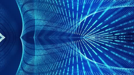 fondo de ciencia ficción con ondas de partículas. bucle de 4k fondo azul abstracto de partículas de brillo forman líneas curvas, superficies estructuras de espejo simétricas. fondo de holograma digital con partículas