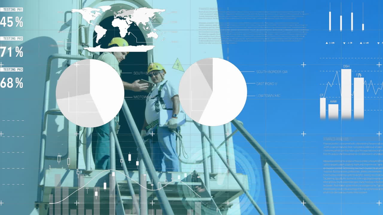 금융 데이터 처리의 애니메이션과 풍력 터빈에 의해 두 인종의 남성 엔지니어