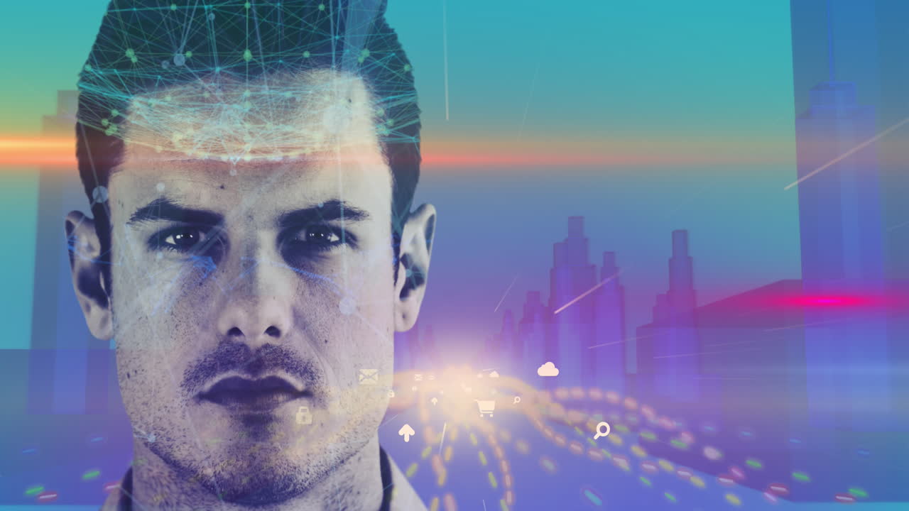 red de conexiones sobre el hombre contra el modelo de ciudad en 3d