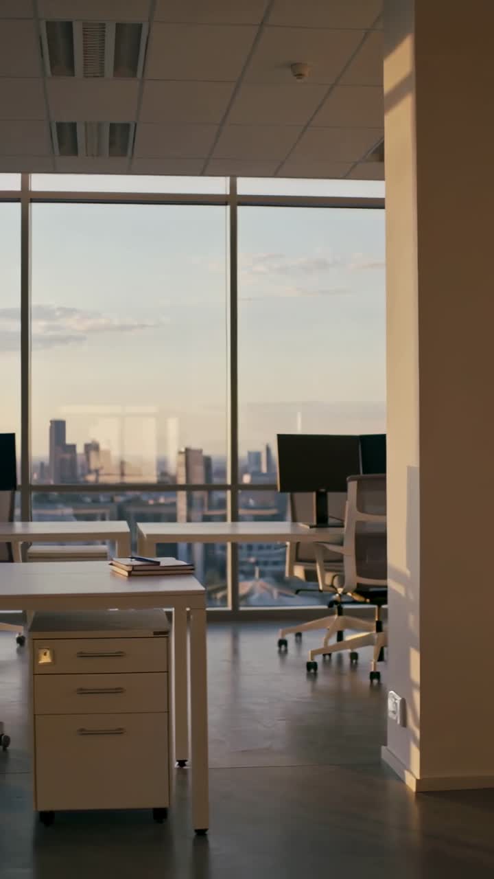 Vertical video: Camera panning revealing white desk with drawer and chair at office showing skyline