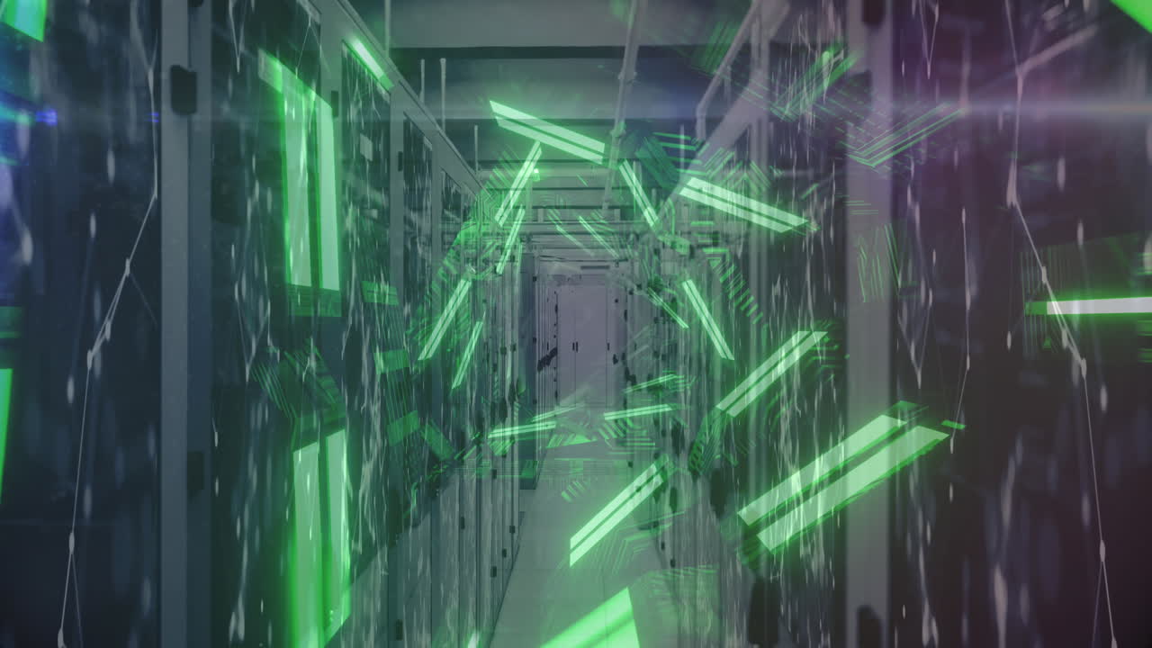 Abstract neon shapes moving against network of connection on computer servers