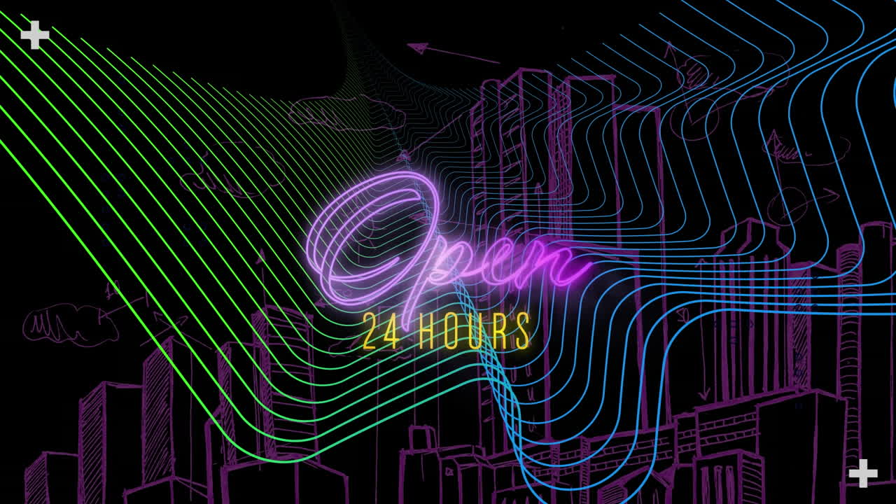 Animation of open 24 hours text in pink neon over colourful parallel lines and purple city on black