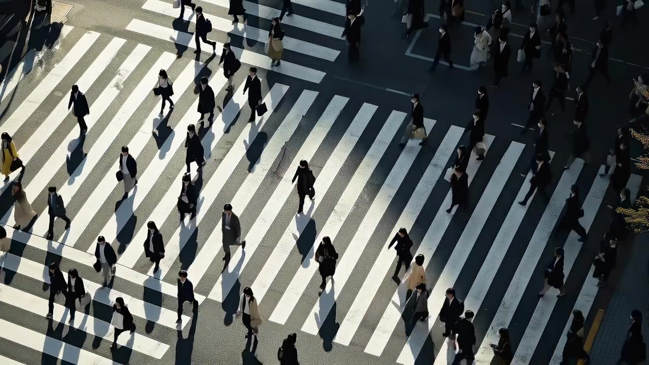 High Angle View of Pedestrians Crossing a Busy City Intersection
