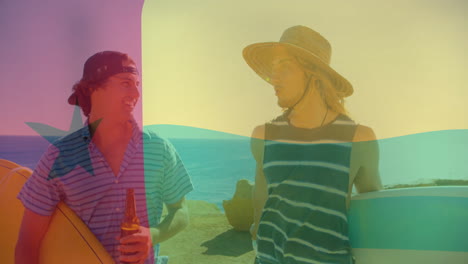 two people with surfboards talking by ocean, colorful overlay animation
