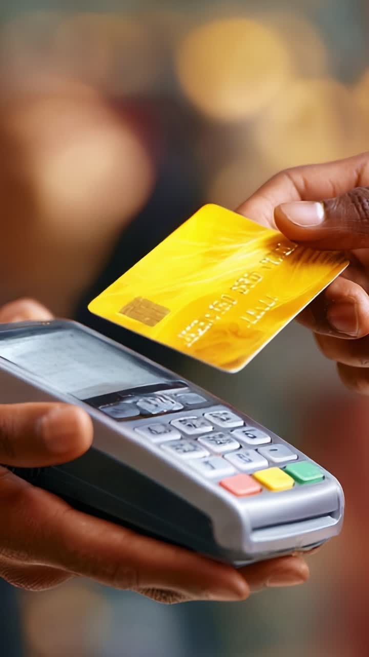 Close-up Tangan Memasukkan Kartu Kredit ke Terminal Pembayaran, Menyoroti Kemudahan dan Kenyamanan Transaksi Elektronik Modern