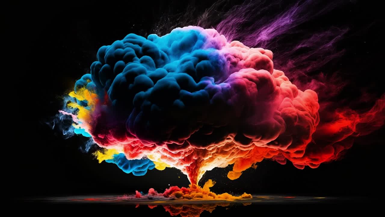 Vibrant smoke explosion. A stunning display of colorful smoke rising into the air, creating a dramatic and artistic explosion at night.