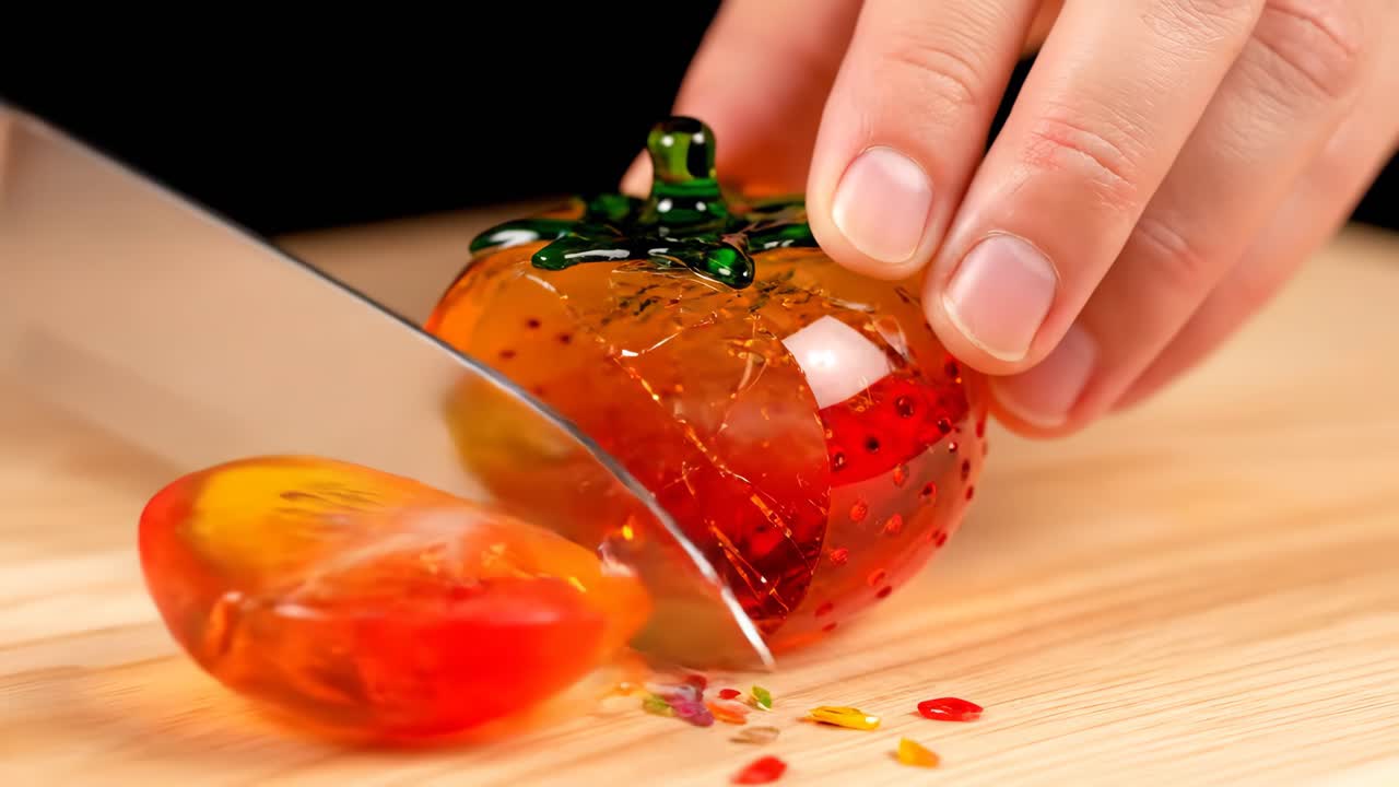 Cutting a glass strawberry