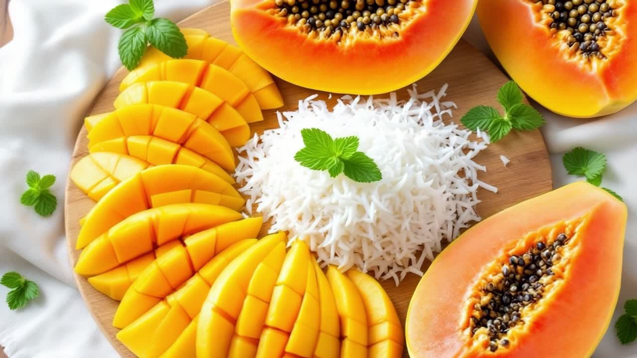 Freshly cut mango and papaya arranged around coconut sticky rice, garnished with mint leaves, creating a vibrant and healthy tropical dessert