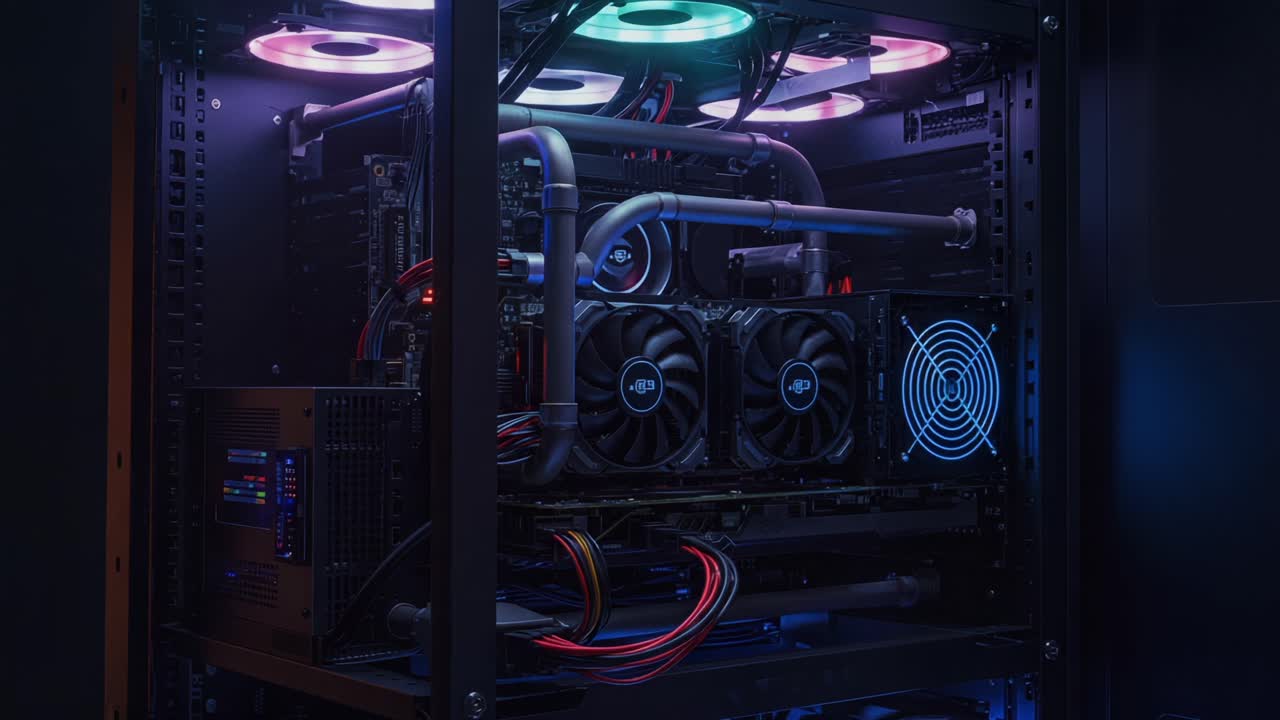 Aesthetic Close-Up of an Advanced Computer Case Featuring RGB Lighting, Powerful Graphics Cards, and Sophisticated Cooling Systems, Showcasing Modern Technology and Design