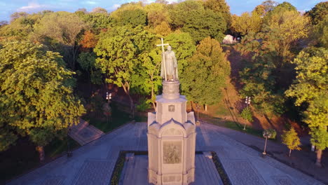 drone view statue saint prince vladimir with christian cross in summer park