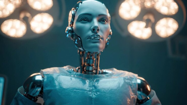 Robot chirurgico futuristico che opera con precisione e cura in un ambiente medico ad alta tecnologia, circondato da luci chirurgiche e attrezzature necessarie.