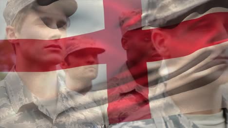 animation of flag of england over diverse male soldiers