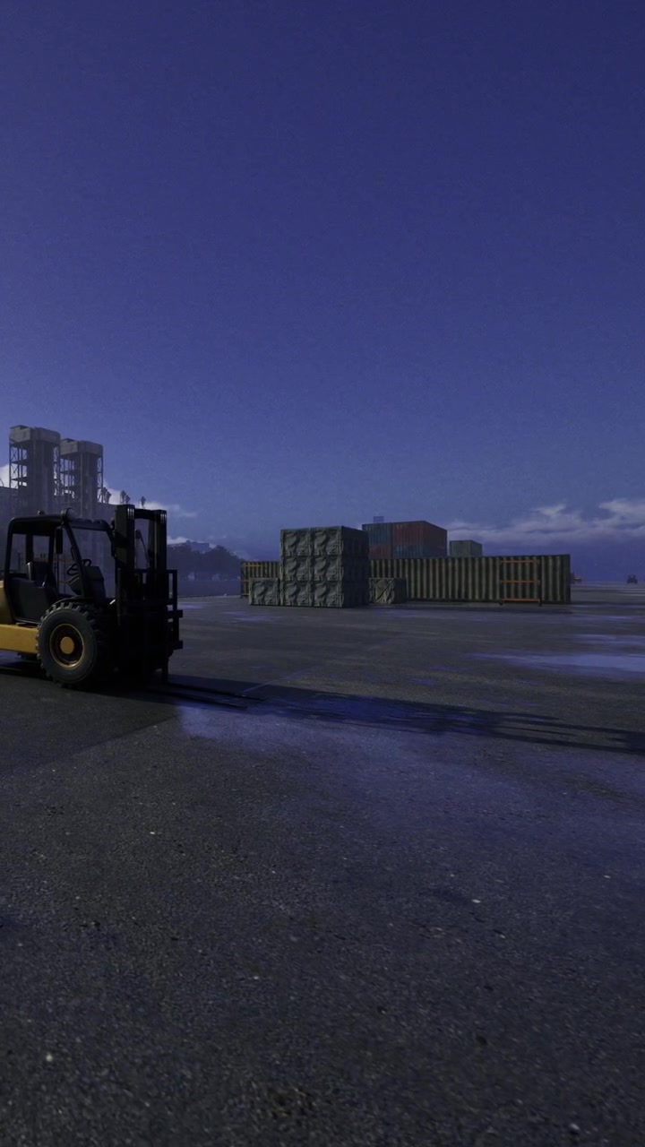 Forklift moves cargo at a shipping yard during evening hours