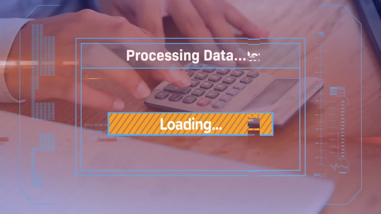 animación de procesamiento de datos sobre las manos de un empresario caucásico usando una calculadora