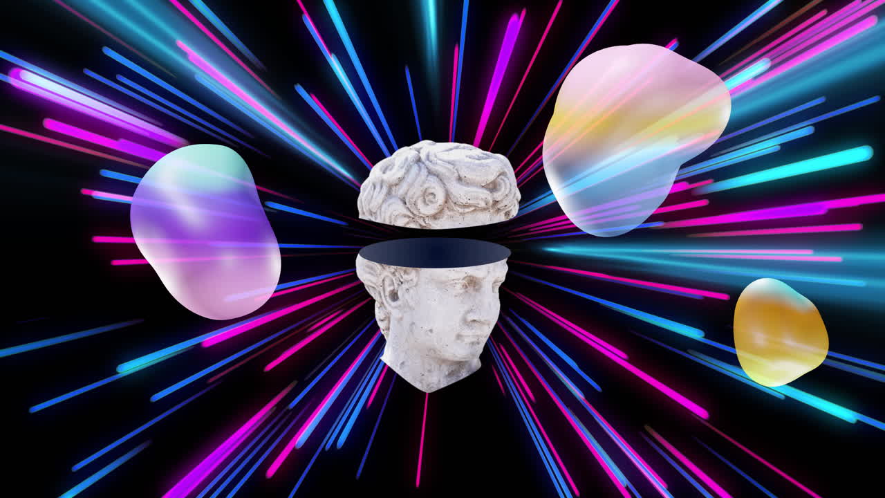 Abstract shapes and neon light streaks animation over classical sculpture head