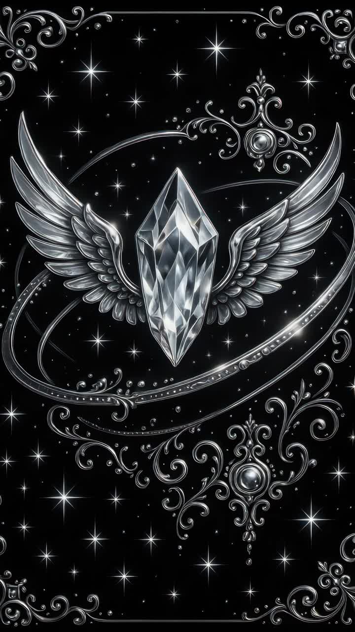 Vista aerea di un cristallo con ali su uno sfondo stellato. Il design complesso e il tema celestiale